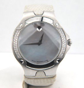Movado Stainless Steel, Diamond, Leather Strap Wa: Movado Stainless Steel, Diamond, Mother of Pearl, Sapphire Crystal, Leather Strap Watch.(Sport Edition ) The total watch's weight is 58.6 grams. The total weight of diamond is 1 ct. approximately, H c