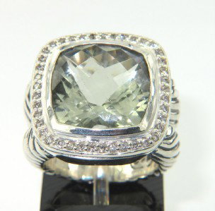 David Yurman Silver, Prasiolite & Diamond Ring.: David Yurman Silver, Prasiolite & Diamond Ring.The total ring's weight is 16.4 grams.The total weight of the diamond is 0.35 cts approximately, I color SI clarity.The size of the prasiolite is 14x 14 