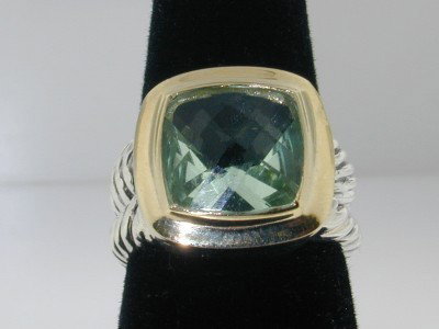 David Yurman Silver/18K Yellow Gold Prasiolite Ri: David Yurman Silver/18k Yellow Gold Prasiolite Ring.The total ring's weight is 8.0 grams.The size of the prasiolite is 14 x 14 mm.The size of the ring is 5.5.