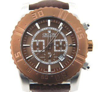 Croton Stainless Steel Chronograph Leather Strap W: Croton Stainless Steel, Chronograph Leather Strap Watch with Box.The total watch's weight is 103.2 grams.The measurements of the watch head is 44 x 44 mm in diameter and 12 mm in thick.Strap is 20 mm 