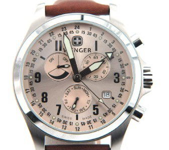 Wenger Stainless Steel Chronograph Leather Strap W: Wenger Stainless Steel, Chronograph, Mineral Crystal, Leather Strap Watch with Box.The total watch's weight is 63.2 grams.The measurements of the watch head is 39 mm in diameter and 10 mm in thick.The