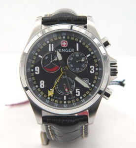 Wenger Stainless Steel Chronograph Leather Strap W: Wenger Stainless Steel, Chronograph, Mineral Crystal, Leather Strap Watch with Box.The total watch's weight is 63.8 grams.The measurements of the watch head is 39 mm in diameter and 10 mm in thick.The