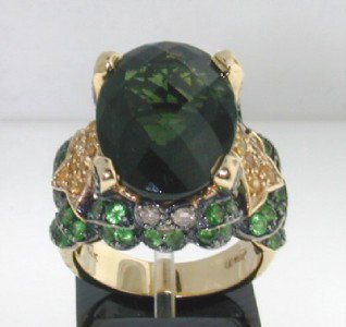 14K Yellow Gold, Tsavorite, Sapphire & Diamon: 14K Yellow Gold, Tsavorite, Yellow Sapphire & Champagne Diamond Ring The total ring's weight is 12.7 grams. The total champagne diamond weight: 0.9 cts The size of Tsavorite is 1- 17 x 12 mm. The tota