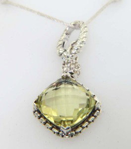 David Yurman Silver Lemon Citrine & Diamond Pendan: David Yurman Silver Lemon Citrine & Diamond Pendant.The total Pendant's weight is 3.3 grams.The total weight of diamonds is 0.1 cts. approximately I and SI clarity.The size of lemon citrine is 10 x 10