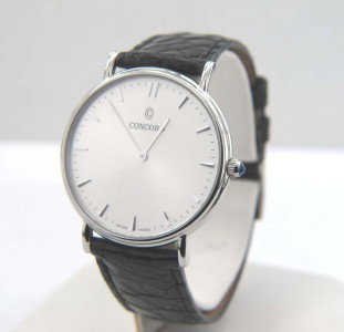 Concord Stainless Steel Leather Strap Watch: Concord Stainless Steel Leather Strap Watch Watch's Weight: 27.7 grams. The measurements of watch head: 35 mm in diameter and 5 mm in thickness The length of watch: 8" Swiss made Water Resistant Strap