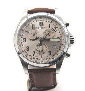 Wenger Stainless Steel Chronograph Leather Strap: Wenger Stainless Steel, Chronograph, Mineral Crystal, Alarm, Leather Strap Watch with Box.The total watch's weight is 64 grams.The measurements of the watch head is 39 mm in diameter and 10 mm in thic