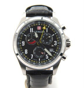 Wenger Stainless Steel Chronograph Leather Stra: Wenger Stainless Steel, Chronograph, Mineral Crystal, Leather Strap Watch with Box.The total watch's weight is 64.9 grams.The measurements of the watch head is 40 mm in diameter and 12 mm in thick.The