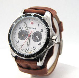 Wenger Stainless Steel Chronograph Leather Strap W: Wenger Stainless Steel, Chronograph, Mineral Crystal, Leather Strap Watch.The total watch's weight is 66.2 grams.The measurements of the watch head is 40 mm in diameter and 12 mm in thick.The length o