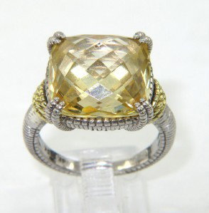 Judith Ripka Silver/18K Gold, Lemon Citrine Ring: Judith Ripka Silver/18K Yellow Gold, Lemon Citrine Ring.The total ring weight is 9.9 grams.The measurements of lemon citrine: 13 x 13 mm.The size of ring head: 14 x 14 mm.The size of ring: 6.25