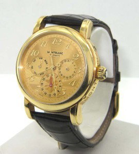 Montblanc 18K Yellow Gold Leather Strap Watch: Montblanc 18K Yellow Gold Chronograph Leather Strap Watch With Extra Strap.The total watch's weight is 97.1 grams.The measurements of the watch head is 36 x 37 mm and 11 mm thick.Band Material: Leathe