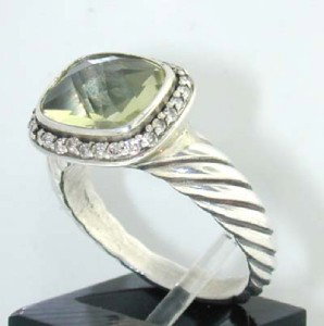 David Yurman Silver, Prasiolite & Diamond Ring.: David Yurman Silver, Prasiolite & Diamond Ring.The total ring's weight is 4.7 grams.The total weight of the diamond is 0.28 cts approximately, I color SI clarity.The size of the Prasiolite is 11x8 mm.