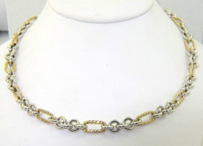 David Yurman Silver/18K Yellow Gold Necklace: David Yurman Silver/18 Yellow gold Necklace The total weight of Necklace is 45.7 grams. The necklace is 17.5" long The necklace is 6 mm wide and 1 mm in thickness