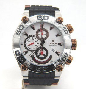 Croton Stainless Steel Chronograph Rubber Strap Watch: Brand New Croton Stainless Steel, Chronograph Rubber Strap Watch with Box.The total watch's weight is 126.5 grams.The measurements of the watch head is 44 x 45 mm in diameter and 11 mm in thick.Strap