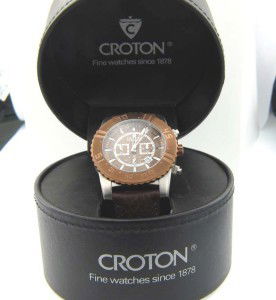 Croton Stainless Steel Chronograph Leather Strap W: Croton Stainless Steel, Chronograph Leather Strap Watch with Box.The total watch's weight is 103.2 grams.The measurements of the watch head is 44 x 44 mm in diameter and 12 mm in thick.Strap is 20 mm
