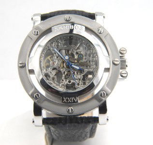Akribos Stainless Steel Skeleton Leather Strap Wat: Akribos Stainless Steel Automatic Skeleton Leather Strap Watch with Box.The total watch's weight is 110.4 grams.The measurements of the watch head is 46 x 46 mm in diameter and 9 mm in thick.The lengt