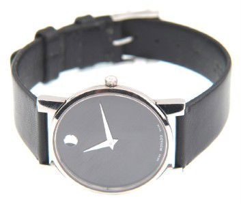 Movado Stainless Steel Leather Strap Watch: Movado Stainless Steel Leather Strap Watch.The total watch's weight is 23.3 grams.The measurements of the watch head is 30 x 30 mm and 4 mm in thick.The length of watch: 9".Swiss Made.Water Resistant