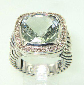 David Yurman Silver, Prasiolite & Diamond Ring.: David Yurman Silver, Prasiolite & Diamond Ring.The total ring's weight is 16.8 grams.The total weight of the diamond is 0.45 cts approximately, H color VS clarity.The size of the prasiolite is 14x 14 
