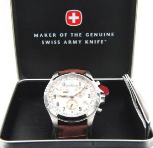 Wenger Stainless Steel Chronograph Leather Strap W: Wenger Stainless Steel, Chronograph, Mineral Crystal, Alarm, Leather Strap Watch with Box. The total watch's weight is 63.2 grams. The measurements of the watch head is 39 mm in diameter and 10 mm in