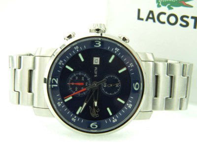 Lacoste Stainless Steel Chronograph Watch: Lacoste Stainless Steel, Chronograph Watch with Box.The total watch's weight is 176.1 grams.The measurements of the watch head is 44 x 45 mm and 12 mm in thick.The length of watch: 7.25".Chain is 22 m