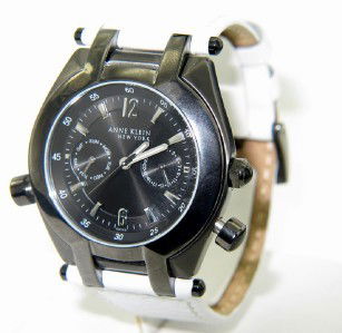 Anne Klein Stainless Steel Leather Strap Watch: Anne Klein Stainless Steel Chronograph Leather Strap Watch.The total watch's weight is 76 grams.The measurements of the watch head is 28 mm in diameter and 10 mm in thick.The length of watch: 9.25".Wa
