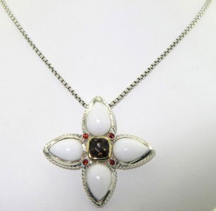David Yurman Silver Smoky Topaz Coral Garnet Necklace: David Yurman Silver Smoky Topaz, white Coral & Garnet Necklace.The total weight of Pendant is 20.4 grams.Size of Smoky Topaz : 7 x 7 mm.Size of White Coral : 10 x 12 mm, each.Total weight of Garnet ar