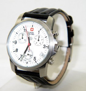 Swiss Army Stainless Steel, leather strap watch: Swiss Army Stainless Steel Leather Strap Watch.The total watch's weight is 51.7 grams.The measurement of watch head is 36 mm and 10 mm thick.The length of watch: 9.5".water Resistant.swiss made