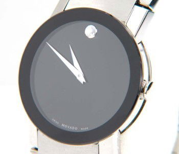 Movado Stainless Steel Watch: Movado Stainless Steel Watch.The total watch's weight is 116.9 grams.The measurements of the watch head is 34 x 34 mm and 5 mm thick.The length of watch: 6.5".Swiss Made.Water Resistant.Chain is 21 mm