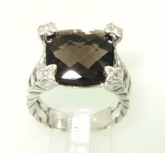 David Yurman Silver, Smoky Topaz & Diamond Ring.: David Yurman Silver, Smoky Topaz & Diamond Ring.The total ring's weight is 8.4 grams.The total weight of the diamond is 0.25 cts approximately, H color VS clarity.The size of the smoky topaz is 15 x 1