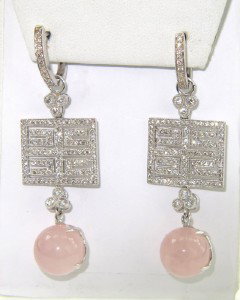 18K White Gold Chalcedony & Diamond Earring: 18K White Gold Chalcedony & Diamond Earrings.Earring's Weight : 18.6 grams.The Total weight of diamonds: 2.72 cts. approximately and H color VS clarity.The size of the each Chalcedony: 11 x 11 mm.The