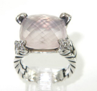 David Yurman Silver Pink Quartz & Diamond R: David Yurman Silver Pink Quartz & Diamond Ring.The total ring's weight is 9.8 grams.The total weight of the diamond is 0.20 cts approximately, I color SI clarity.The size of the pink quartz is 15 x 15