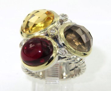 David Yurman Silver Muti-color Stone & Diamond Rin: David Yurman Silver Ring With Citrine, Smoky Topaz, Garnet & Diamond The total ring's weight is 13.5 grams The total weight of Diamond: 0.12 cts. H color, SI clarity