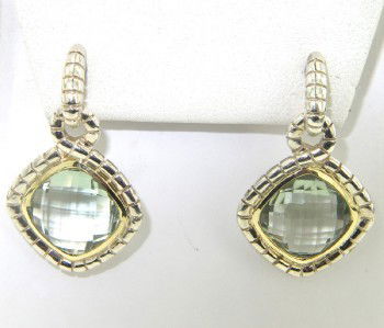 Charles Krypell 14K Gold/Silver Prasolite Earrings: Charles Krypell 14K Yellow Gold/Silver Prasolite Earrings with Original Pouch. The weight of the Earring is 10.6 grams. The size of Prasolite is 11 x 11 mm . The size of the earring is 20 x 33 mm , 7
