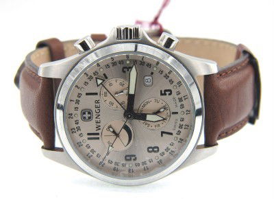 Wenger Stainless Steel Chronograph Leather Strap W: Wenger Stainless Steel, Chronograph, Mineral Crystal, Alarm, Leather Strap Watch with Box.The total watch's weight is 64 grams.The measurements of the watch head is 39 mm in diameter and 10 mm in thic