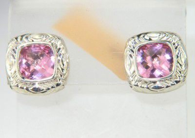 Charles Krypell Gold/Silver Pink Topaz Earrings: Charles Krypell 14K Gold/Silver Pink Topaz Earrings The weight of the Earring is 6.6 grams. The size of Pink Topaz is 7 x 7 mm . The size of the earring is 12 x 12 mm , 4 mm in thickness.