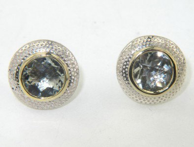 Charles Krypell Gold/Silver Prasiolite Earrings: Charles Krypell 14K Gold/Silver Prasiolite Earrings The weight of the Earring is 5.9 grams. The size of Prasiolite is 6 x 6 mm . The size of the earring is 12 x 12 mm , 3 mm in thickness.