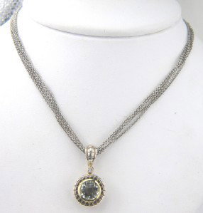 Charles Krypell Gold/Silver Prasiolite Diamond Nec: Charles Krypell 14K Gold/Silver Prasiolite & Diamond Neckalce The weight of the Necklace is 10.7 grams The size of prasiolite is 8 mm in diameter The total weight of diamond is 0.03 ct. approximately,