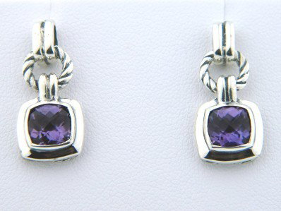 David Yurman Silver, Amethyst Earrings: David Yurman Silver, Amethyst Earrings The total earrings weight is 6.1 grams. The size of the amethyst is 7 x 7 mm. The size of earrings are 22 x 10 mm