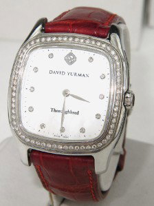 David Yurman Silver Diamond Leather Strap Watch: David Yurman Silver Diamond Leather Strap Watch.watch's Weight: 46.6 grams.The weight of diamond: 0.74 cts,approximately. H color, VS clarity.The measurements of watch head: 31 x 31 mm and 8 mm in thi