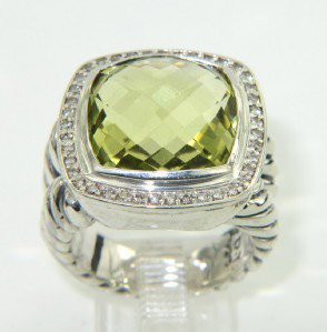 David Yurman Silver,Lime Citrine & Diamond Ring.: David Yurman Silver, Lime Citrine & Diamond Ring. The total ring's weight is 16.4 grams. The total weight of the diamond is 0.45 cts approximately, H color VS clarity. The size of the LIme Citrine is 