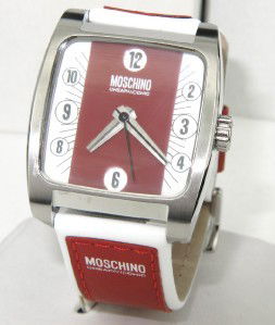 Moschino Stainless Steel Watch: Brand New Moschino Stainless Steel Leather Strap Watch The total watch's weight is 56.5 grams. The size of watch head: 36 x 37 mm and 9 mm thick Length of watch is 9" Japan Movement Water Resistant St