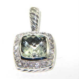 David Yurman Silver Prasolite & Diamond Pendant: David Yurman Silver Prasolite & Diamond Pendant The total Pendant's weight is 2.7 grams. The total weight of diamonds is 0.24 cts. approximately I and SI clarity. The size of the Prasolite is 7 x 7 mm