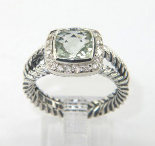David Yurman Silver Prasiolite & Diamond Ring.: David Yurman Silver Prasiolite & Diamond Ring. The total ring's weight is 5.8 grams. The total weight of the diamond is 0.2 cts approximately, I color SI clarity. The size of the prasiolite is 7 x 7 m