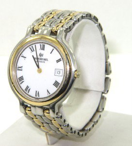 Raymond Weil 2-Toned Stainless Steel Watch: Raymond Weil 2-Toned Stainless Steel Date Just Watch The total watch's weight is 63.4 grams The measurements of watch head is 29 x 32 mm and 4 mm thick The length of watch: 6.5" water Resistant swiss 