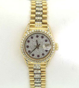 Rolex 18K Yellow Gold Diamond/Ruby Watch: Rolex 18K Yellow Gold Diamond / Ruby Date Just, Sapphire Crystal, Quick Set Ladies Watch With Certificate The total watch's weight is 74.5 grams. The total weight of single and full cut diamond: 8 cts