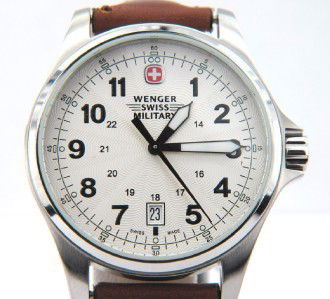 Wenger Stainless Steel Leather Strap Watch: Wenger Stainless Steel, Swiss Military, Date, Mineral Crystal, Leather Strap Watch with Box. The total watch's weight is 55.3 grams. The measurements of the watch head is 40 mm in diameter and 10 mm i