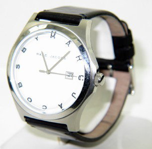 Marc Jacobs Stainless Steel Leather Strap Watch.: Marc Jacobs Stainless Steel Leather Strap Watch. The total watch's weight is 62.5 grams. The measurements of watch head: 43 mm in diameter, thickness: 10 mm . The measurements of the watch is 8" long.