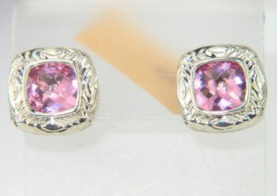 Charles Krypell Gold/Silver Pink Topaz Earrings: Charles Krypell 14K Gold/Silver Pink Topaz Earrings The weight of the Earring is 6.6 grams. The size of Pink Topaz is 7 x 7 mm . The size of the earring is 12 x 12 mm , 4 mm in thickness.