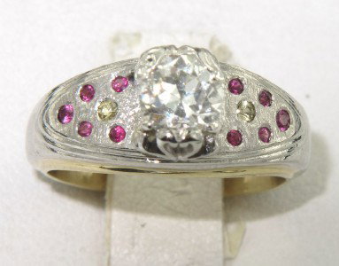 Platinum/ 18K Yellow Gold Diamond & Colored Stones: Platinum/18K Yellow Gold OEC ( Old European Cut) Diamond & Multi-Colored Stone Ring The total ring's weight is 9.6 grams. The total diamond weight is 0.50 cts,approxmiately. H color, VS clarity. There