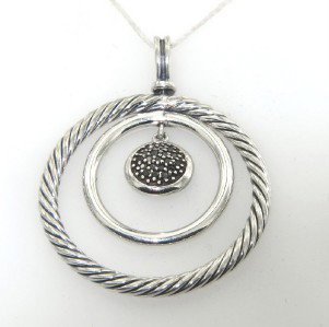 David Yurman Silver, Black Diamond Pendant: David Yurman Silver, Black Diamond Pendant The total pendant weight is 6.7 grams. The total weight of black diamond: 0.15 cts The measurement of pendant: 37 x 29 mm The pendant is 1 mm in thickness