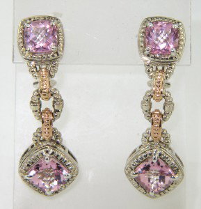 Charles Krypell 14K Gold/Silver Pink Topaz Earrings: Charles Krypell 14K Gold/ Silver Pink Topaz Earrings The weight of the Earring is 13.7 grams. The size of pink topaz: 7 x 7 mm - 6 x 6 mm. The length of earring: 1.5". The earring is 5 mm in thickness